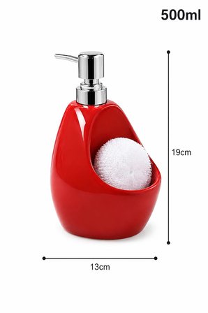 Porselen Sıvı Sabunluk 500 ml Sünger Hazneli Kırmızı Krom Pompalı Mutfak Banyo Sabunluk