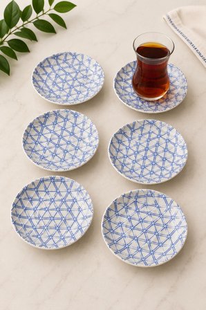 6 lı Porselen Çay Tabağı, Porselen Çay Tabak Geometrik Desen Mavi