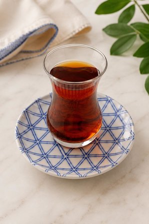 6 lı Porselen Çay Tabağı, Porselen Çay Tabak Geometrik Desen Mavi