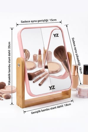 Çift Taraflı Bambu Standlı Masaüstü Makyaj Aynası - 2X Büyütmeli Pembe Çerçeveli Döner Ayna (20x18 cm)