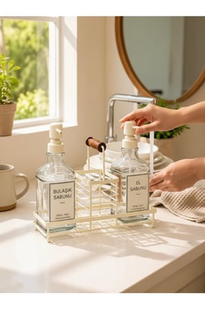 2 Hazneli Cam Mutfak Seti 500ml+500ml Sıvı Sabunluk Set Krem 