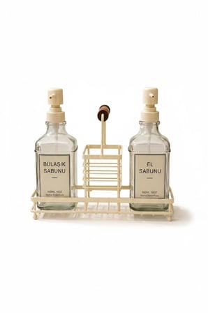 2 Hazneli Cam Mutfak Seti 500ml+500ml Sıvı Sabunluk Set Krem 
