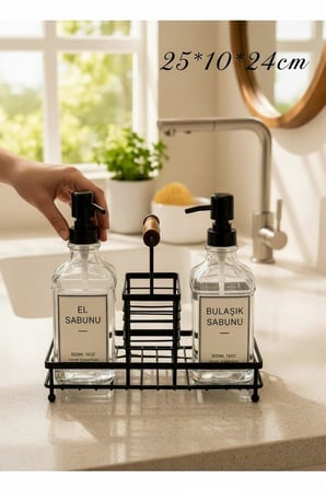 2 Hazneli Cam Mutfak Seti 500ml+500ml Sıvı Sabunluk Set Siyah
