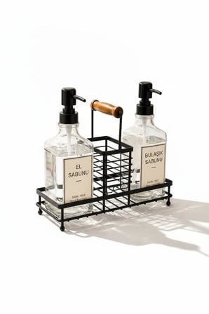 2 Hazneli Cam Mutfak Seti 500ml+500ml Sıvı Sabunluk Set Siyah