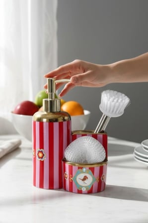 Porselen Karnaval Gold 3 lü Set Sıvı Sabunluk, Sünger ve Fırça 412
