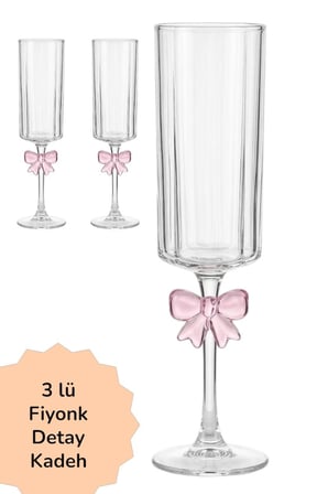 3 lü Borosilikat Cam Kadeh Bardak 250ml Pembe Fiyonk Detay