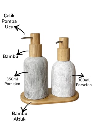 Bambu Detaylı Porselen 2 li Sıvı Sabunluk Seti | Çelik Uçlu Bambu Pompa & Stantlı Banyo/Mutfak Seti