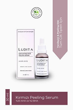 Ludita Yenileyici Cilt Tonu Eşitleyici Yüz Peeling Kırmızı Serum (%20 AHA ve %2 BHA)