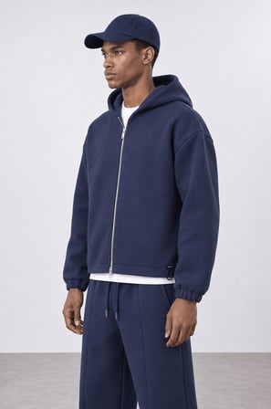 Erkek Lastik Detaylı Panda Oversize Zip Lacivert
