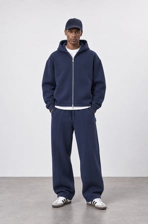 Erkek Lastik Detaylı Panda Oversize Zip Lacivert