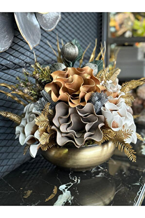 Yapay Çiçek Aranjmalı Antik Yassı Vazo No:2