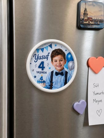  6 adet Yuvarlak Buzdolabı Magnet Çerçeve Mıknatıslı – 7,7 cm Çap Kişiye Özel Fotoğraf