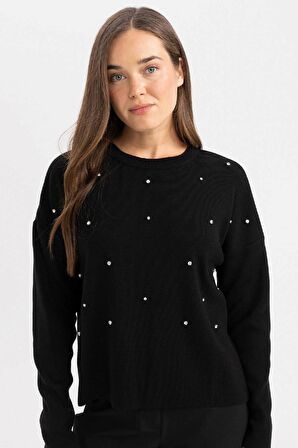 DeFacto Regular Fit Bisiklet Yaka Taşlı Siyah Triko Kazak R0726AZ24WNBK27