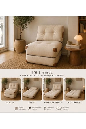 Reyo Pufymax Comfy Bohem Koltuk,Olabilen Katlanır Berjer & Modüler Yer Yatağı 75x75x 85 cm KetenKrem