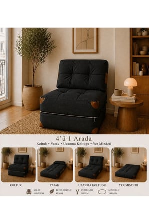 Reyo Pufymax Comfy Bohem Koltuk Yatak,Katlanır Berjer & Modüler Yer Yatağı 75x75x85 Siyah Keten