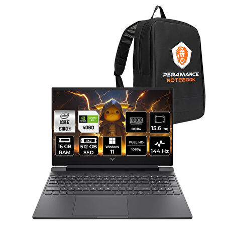 HP Victus 15 i7-13620H 16GB 512GB SSD RTX4060/8GB 144Hz 15.6'' FHD W11P Gaming Laptop & PER4 ÇANTA