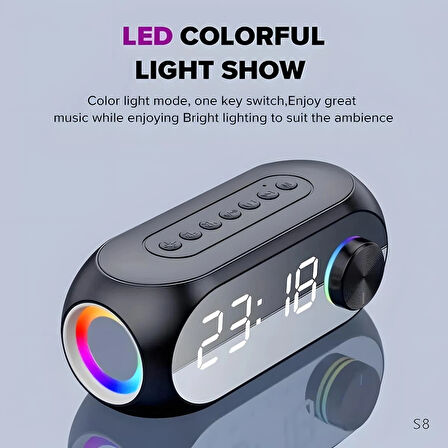 Dijital Alarmlı Saat, Bluetooth Uyumlu Şarjlı Stereo Hoparlör, S8 RGB Kablosuz Led Ayna Ekran  Işıklı Müzik Çalar MP3 Fm Ev Ofis için Şarj Edilebilir 