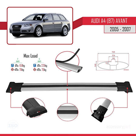 A4 (B7) Avant 2005-2007 Arası ile Uyumlu FLY Model Ara Atkı Tavan Barı Gri 2 Adet