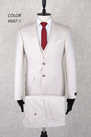 Slim Fit Sivri Yaka İki Düğme Çift Yırtmaç  Krem Rengi  Drop 6 Yelekli Takım Elbise