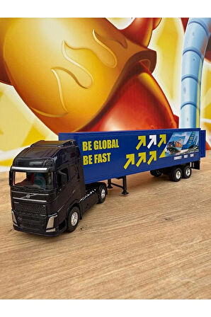 Volvo Siyah 4x2 ve Dorse Tır Çekici Oyuncak Metal Tır Çekici Dorseli Oyuncak Tır Kapakları Açılır