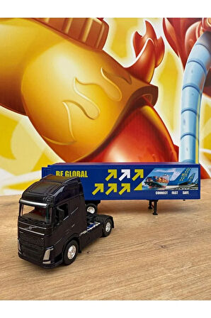 Volvo Siyah 4x2 ve Dorse Tır Çekici Oyuncak Metal Tır Çekici Dorseli Oyuncak Tır Kapakları Açılır