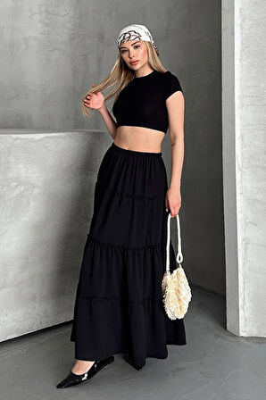 Basic Astarlı Pileli Kadın Uzun Etek Siyah