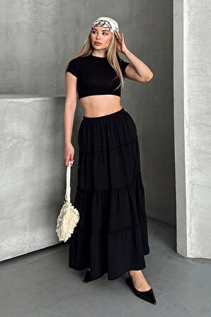 Basic Astarlı Pileli Kadın Uzun Etek Siyah