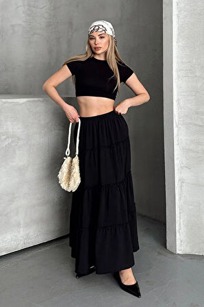 Basic Astarlı Pileli Kadın Uzun Etek Siyah