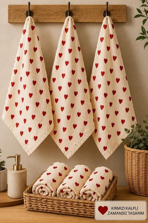3'lü Kalp Baskılı 30x50 El & Yüz / Mutfak Havlusu & Kurulama Bezi / Yumuşak ve Emici