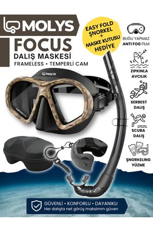 FOCUS DALIŞ MASKESİ + ANTI FOG (BUĞU ÖNLEYİCİ FİLM) + KATLANABİLİR ŞNORKEL + MASKE KUTUSU