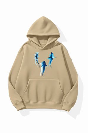 Unisex Yumuşak Dokulu Safir Balinalar Baskılı Tasarım Oversize 3 İplik Hoodie Sweatshirt