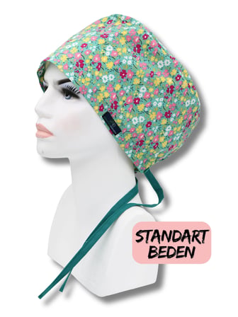Standart Beden Yeşil Minik Çiçekler Cerrahi Bone Doktor Hemşire Sağlıkçı Hastane Bonesi