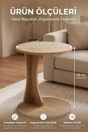 Reyo Falez Tekerlekli Yan Sehpa Modern C Sehpa Minimal Tasarım Yuvarlak Orta Sehpa Salon Koltuk Yanı 6099 Meşe