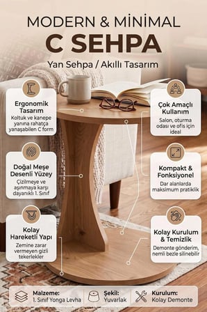 Reyo Falez Tekerlekli Yan Sehpa Modern C Sehpa Minimal Tasarım Yuvarlak Orta Sehpa Salon Koltuk Yanı 6099 Meşe