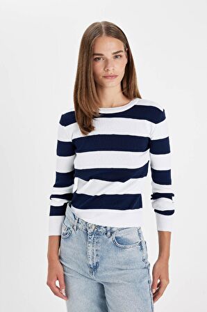 DeFacto Regular Fit Bisiklet Yaka Çizgili Triko Kazak W0052AZ24AUNV120