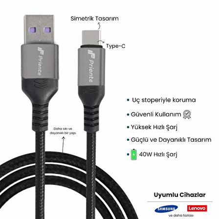 PD40CA 40W Örgülü Type-C To USB-A Hızlı Data/Şarj Kablosu 1.5 Metre (Priente Türkiye Garantili)