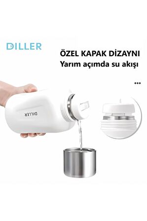 DILLER 420ml Kılıflı Taşıma Askılı Çift kullanım Pipetli /Bardaklı Çelik Matara 6 saat sıcak/soğuk