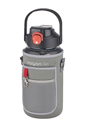 Vagonlife Kılıflı ((Telefon Koyma Yeri)) Taşıma Askılı 1500 ml Pipetli/Pipetsiz Kullanım Su Matarası