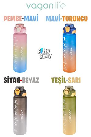 Vagonlife 1 LİTRE Çift Renk Motivasyon Su Matarası Çift Kullanım Pipetli Ve Rahat İçim Sticker Hediyeli