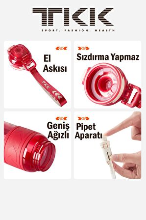 TKK 600 ML Çift Kullanım Pipetli/Rahat içim Bpa İçermeyen Taşıma Askılı Tritan Su Matarası FFTKK1019-600