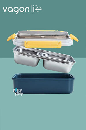 Bento Lunch Box Ofis-Okul İçin Yeni Nesil Sefer Tası Tek Kat 3 Bölme Çatal Ve Kaşıklı -Pas