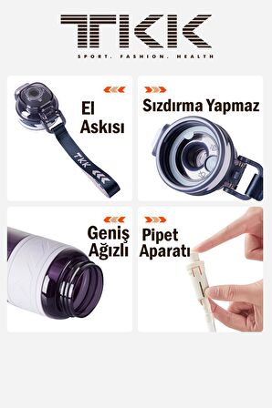 TKK 1000 ML Çift Kullanım Pipetli/Rahat içim Bpa İçermeyen Taşıma Askılı Tritan Su Matarası FFTKK1020-1000