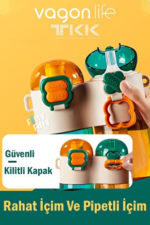 TKK Tek Gövde Çift Hazne 2*400 800ml Sıvı Kapasiteli Boyun Askılı Pipetli /Rahat içim Tritan Matara