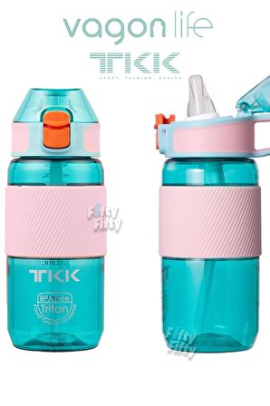 TKK 500 ML Kalın Isırılamaz Pipetli Bpa İçermeyen Taşıma Kulplu Tritan Su Matarası FFTKK1003-500ML