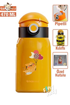 CocoSmile Özel Kutulu Kılıflı 470 ML Pipetli Çelik Termos -Boyun Askılı- 4 Farklı Model  csKılıflı