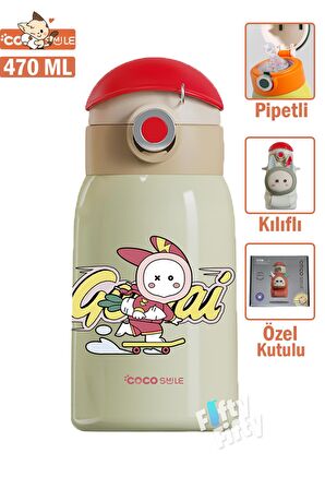 CocoSmile Özel Kutulu Kılıflı 470 ML Pipetli Çelik Termos -Boyun Askılı- 4 Farklı Model  csKılıflı