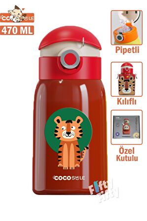 CocoSmile Özel Kutulu Kılıflı 470 ML Pipetli Çelik Termos -Boyun Askılı- 4 Farklı Model  csKılıflı