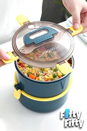 Vagonlife 1600 ML İki Kat Yuvarlak Paslanmaz Çelik Bento Lunch Box Yeni Nesil Sefer Tası-ÇatallıKaşık-397