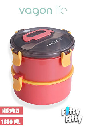1600 ML İki Kat Yuvarlak Paslanmaz Çelik Bento Lunch Box Yeni Nesil Sefer Tası-ÇatallıKaşı