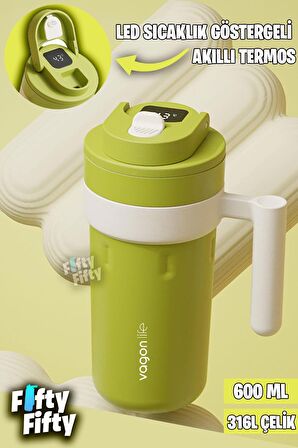 Vagonlife 600 ML LED Sıcaklık Göstergeli Akıllı Çelik Termos Kulplu -Kahve Bardağı-Mug-FFVGN2009
